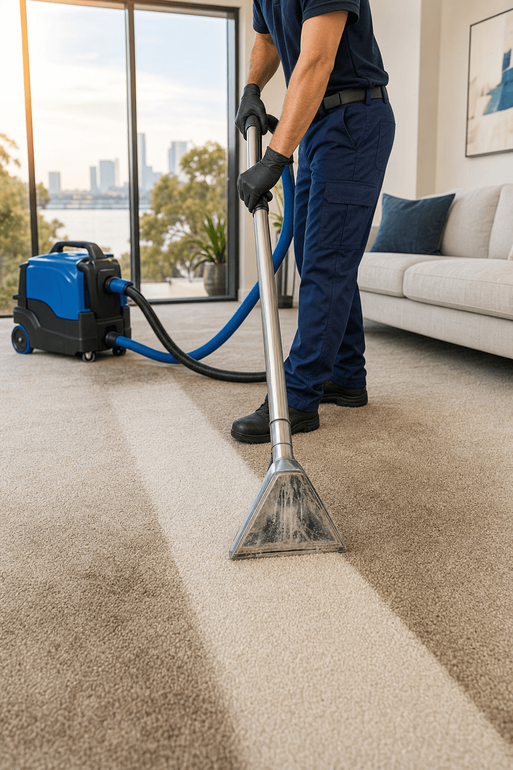 Professional carpet steam cleaning machine revealing a bright clean stripe on carpet in a sunlit Perth home