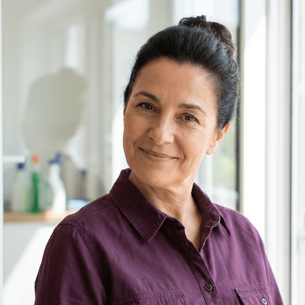 Tessa Nguyen, professional cleaner organizing supplies in a tidy Perth office