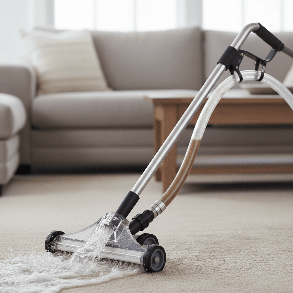 Professional carpet cleaning wand injecting hot water into beige carpet