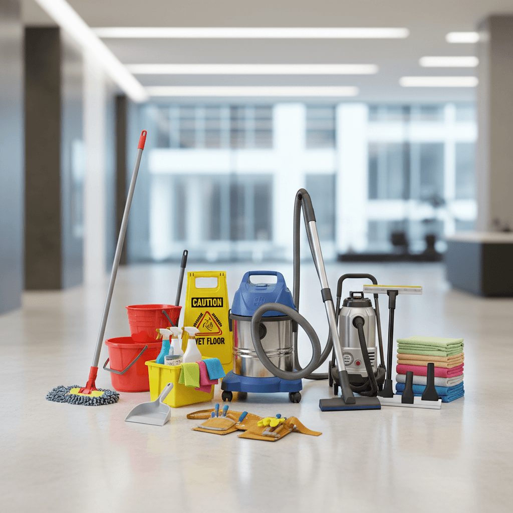 Professional carpet cleaning machine and equipment set up in a room