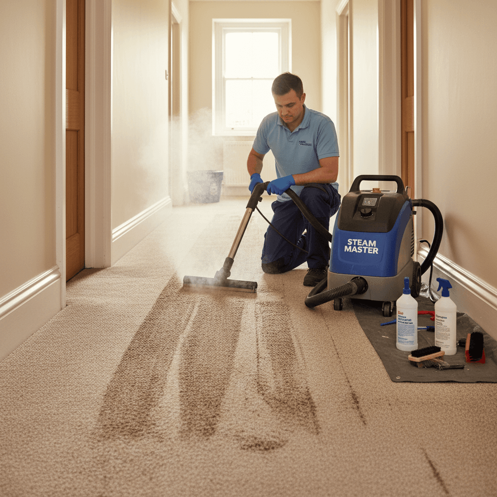 Professional restoring a worn hallway carpet with steam cleaning equipment