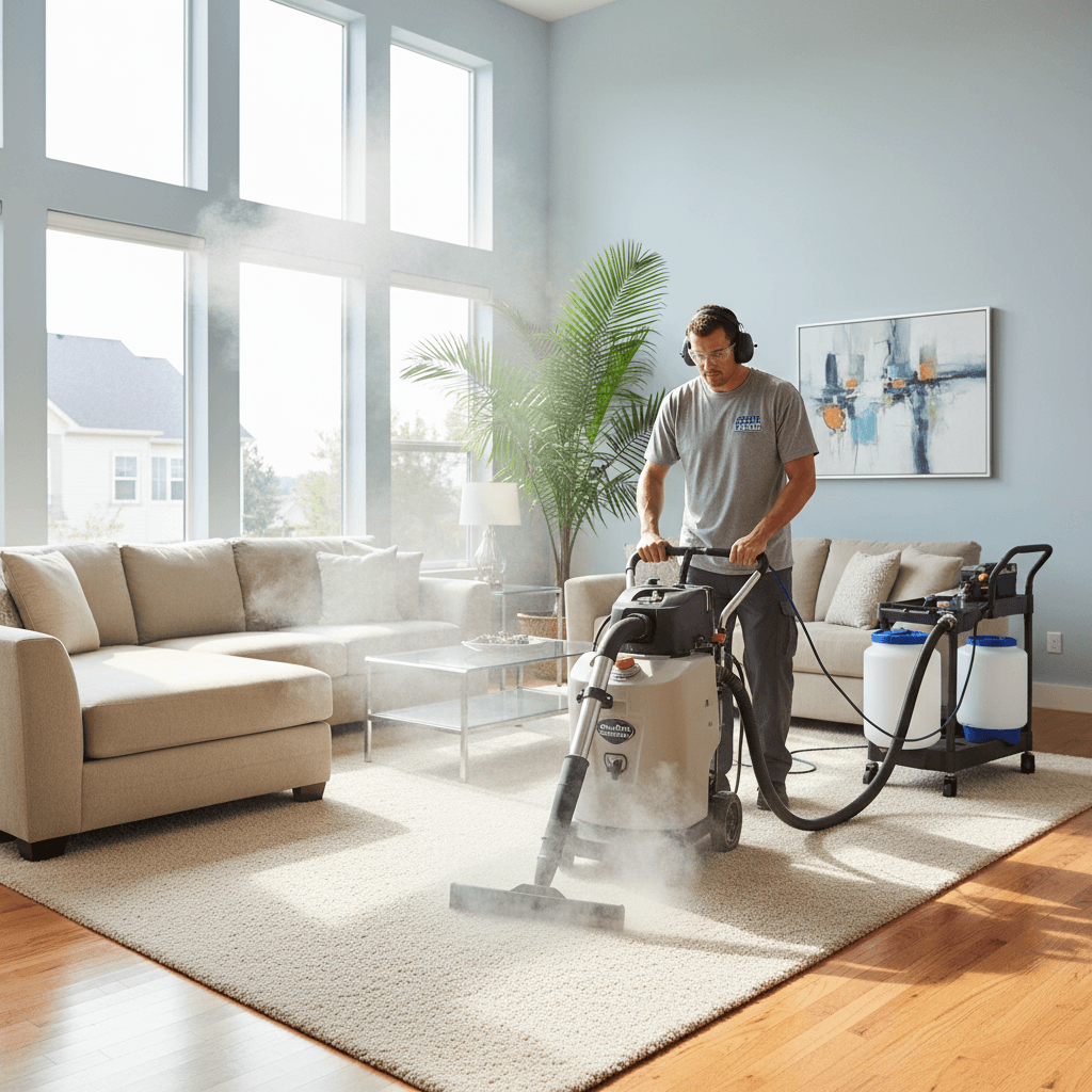 Professional carpet steam cleaning in a bright living room