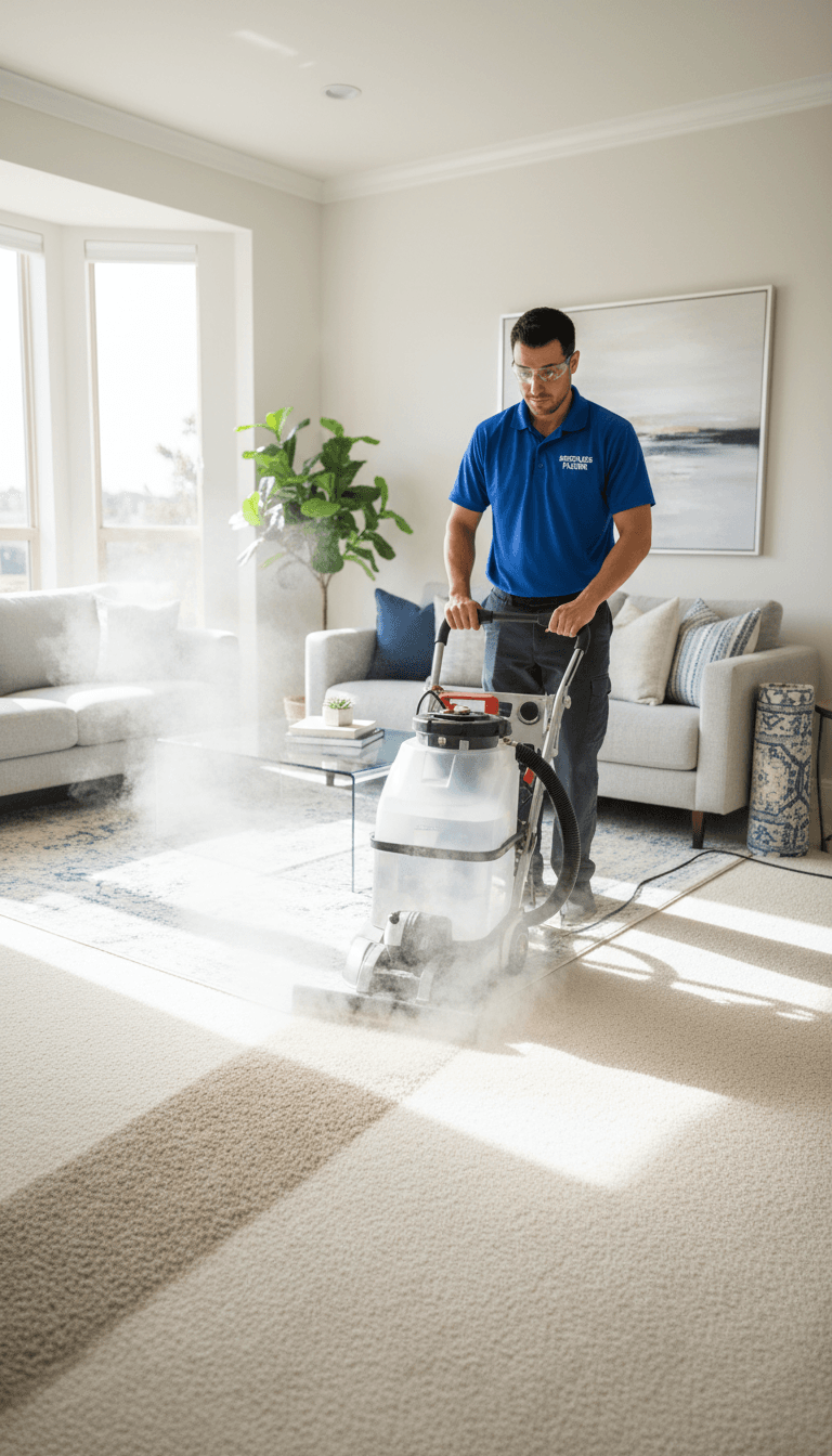 Professional cleaner using a steam carpet cleaning machine in a bright living room