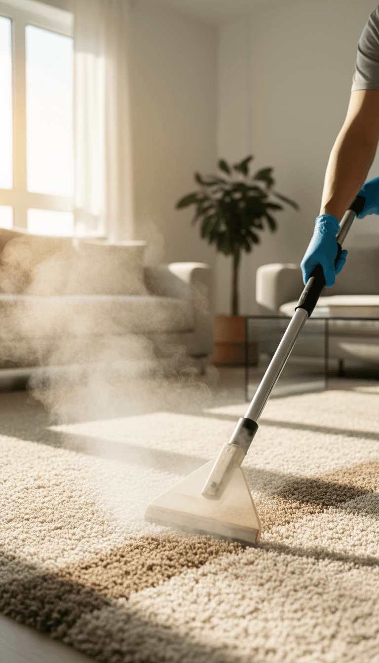 Professional carpet steam cleaning wand on beige carpet in a bright living room