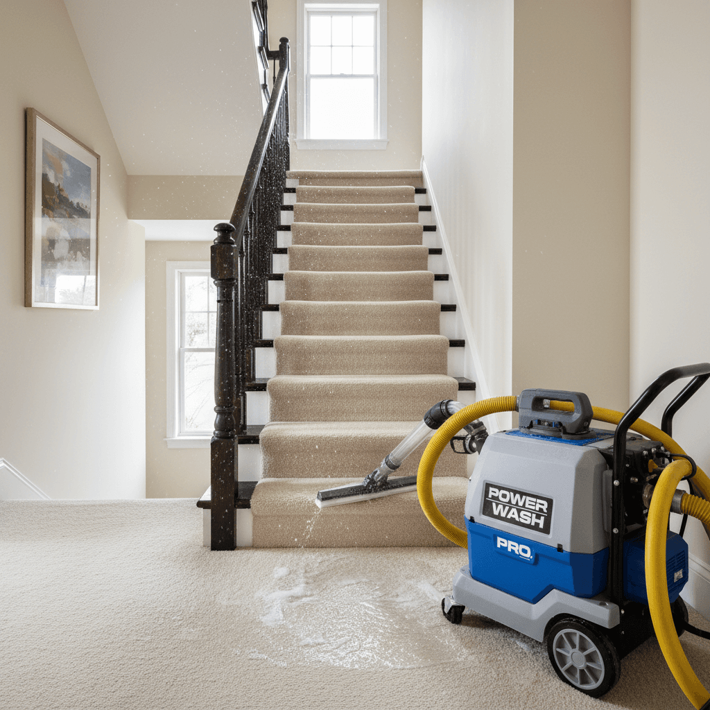 Clean carpet on stairs and hallway in a family home after deep cleaning
