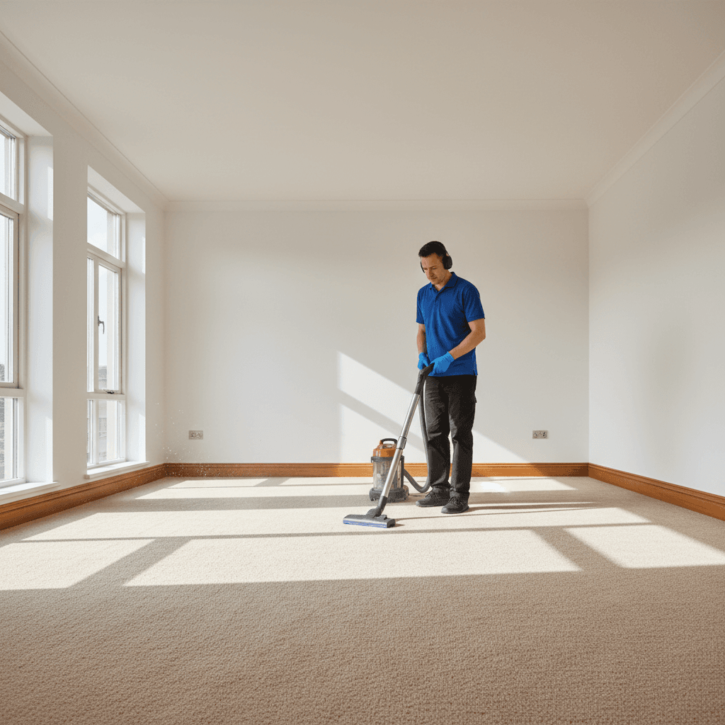 Cleaner vacuuming carpet in a bright empty rental property