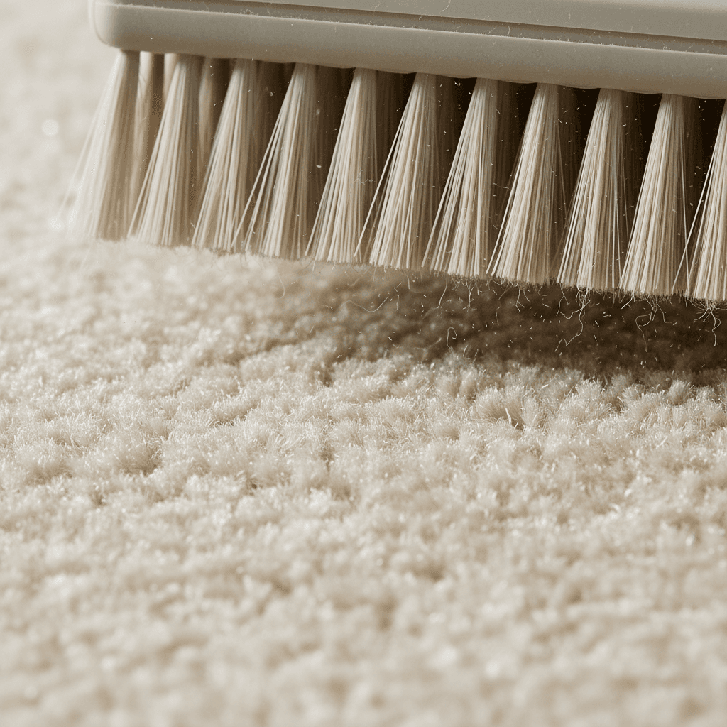 Close-up of a hand brushing clean carpet fibers in a bright room