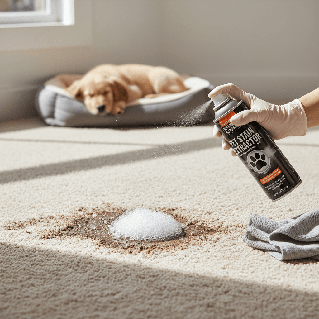 Technician applying enzyme cleaner to pet stain on carpet