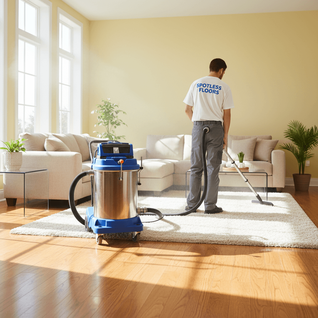 Professional pulling a carpet steam cleaning wand across a beige carpet