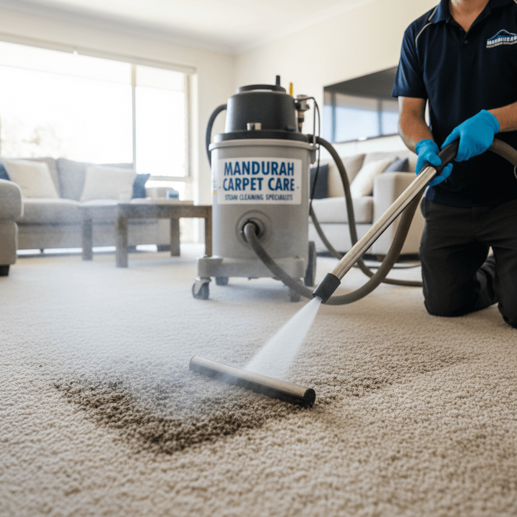 Professional steam cleaning a plush living room carpet in Mandurah