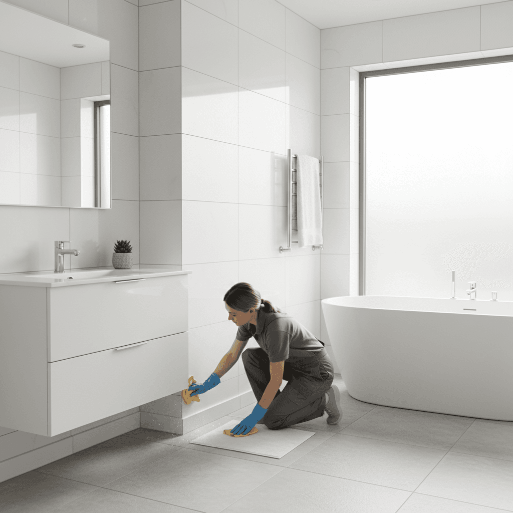 Cleaner dusting skirting board in spotless modern bathroom