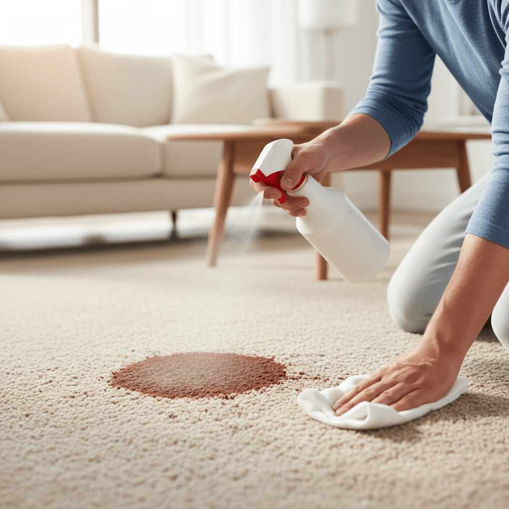 Gloved hand spraying stain treatment on a carpet section