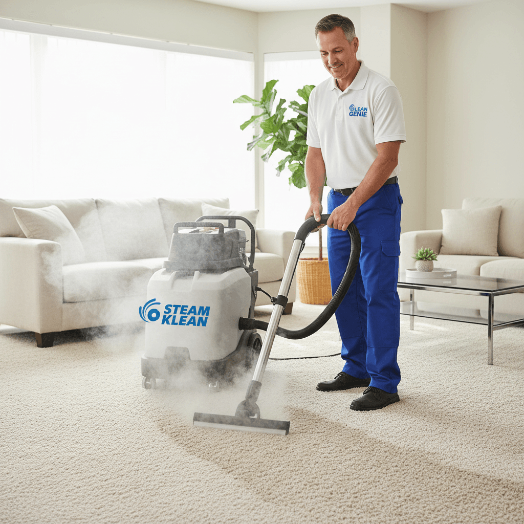Professional carpet cleaner using steam cleaning machine on carpet in bright living room