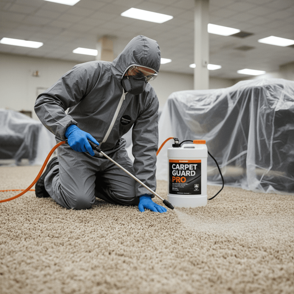 Worker in professional uniform applying a fine mist to a living room carpet