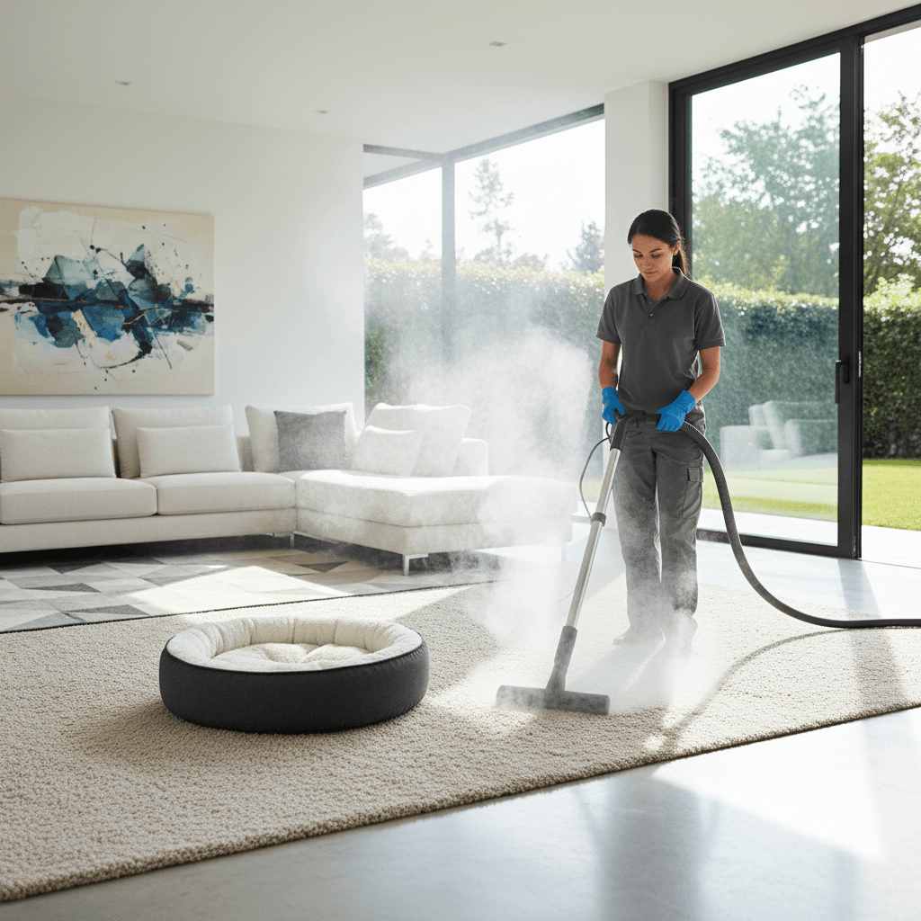 Cleaner steam cleaning carpet beside a pet bed in a modern home
