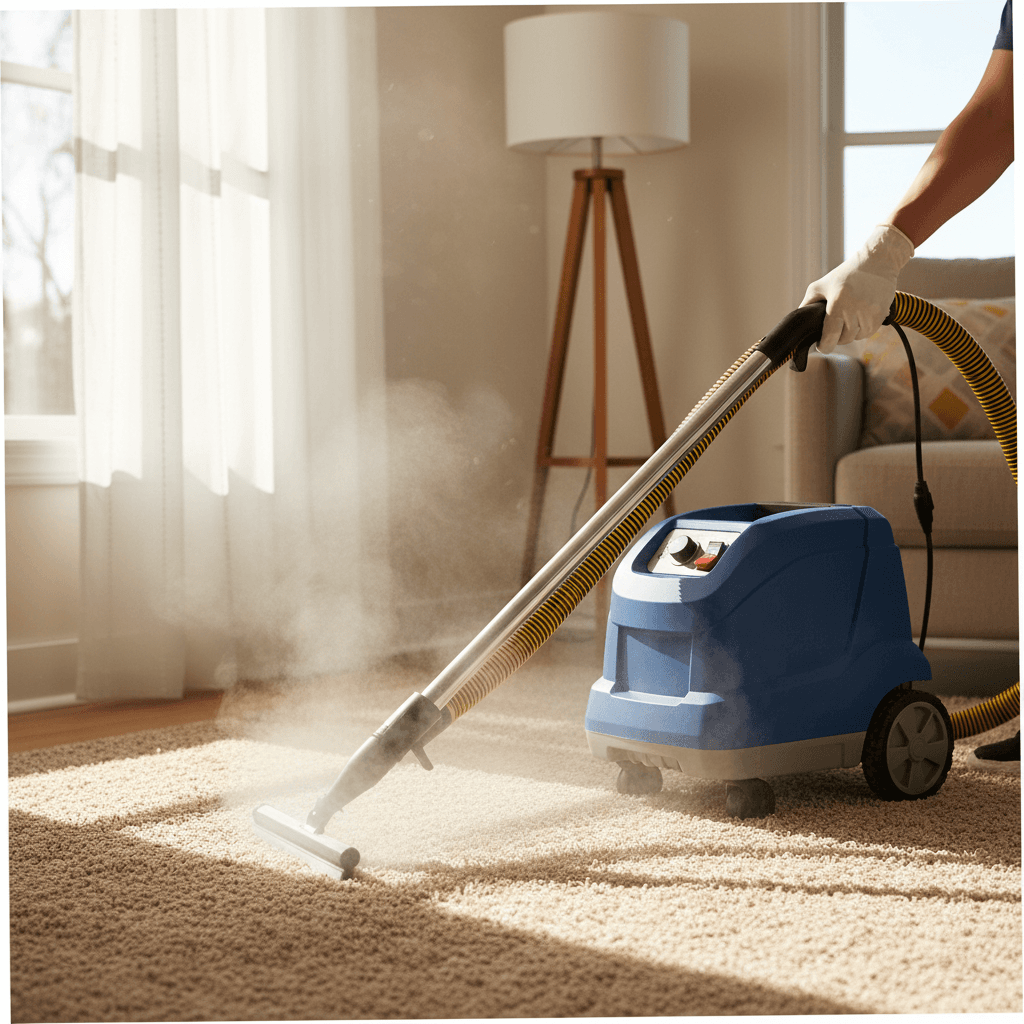 Steam cleaning machine set up on carpet in a sunlit room