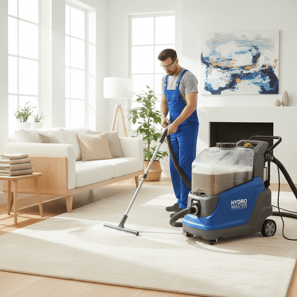 Carpet steam cleaning machine in bright modern living room