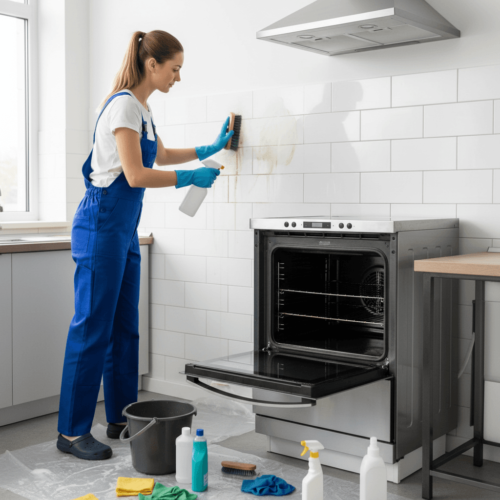 Cleaner removing scuff marks from kitchen wall in modern home