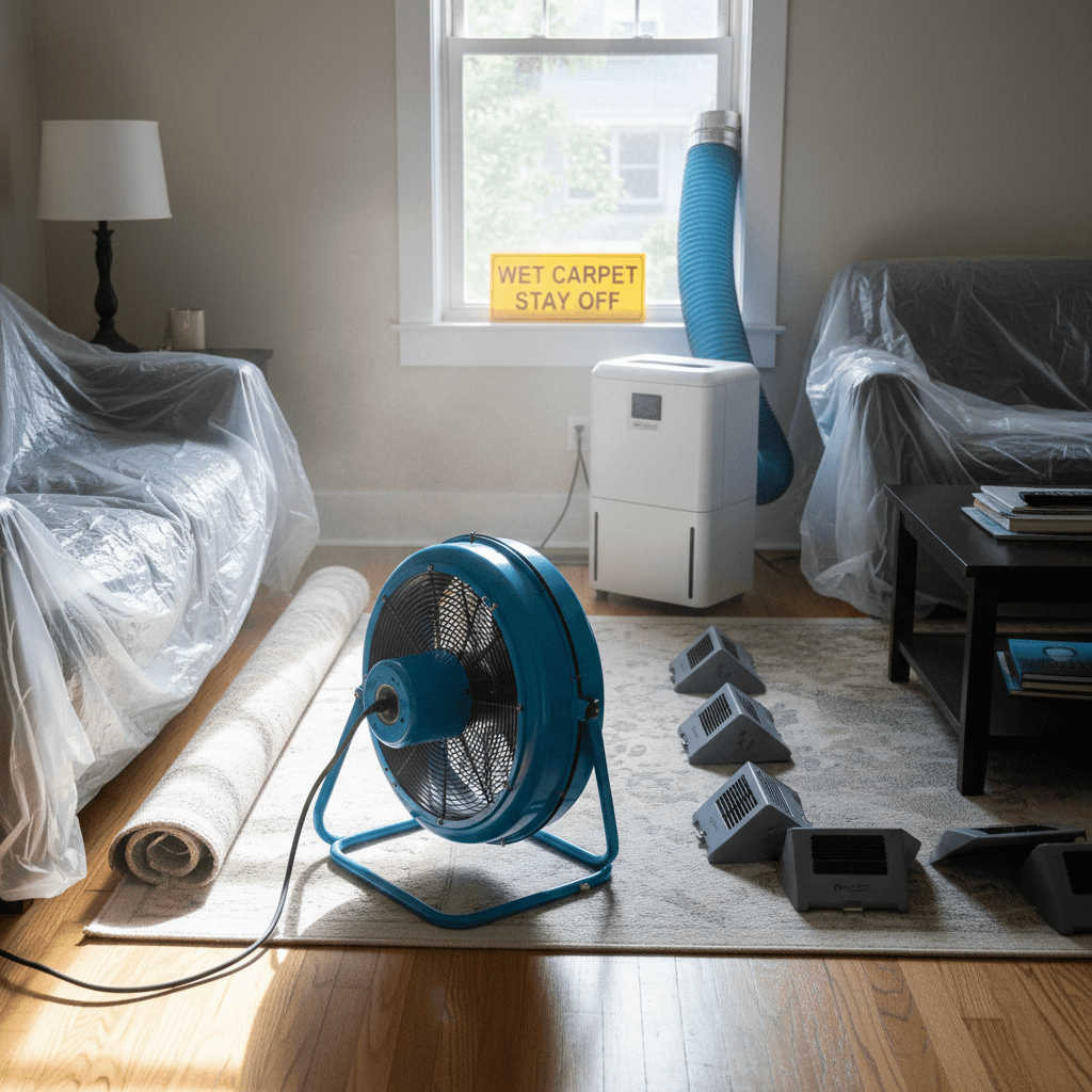 Carpet cleaning machine with drying hose in a bright living room