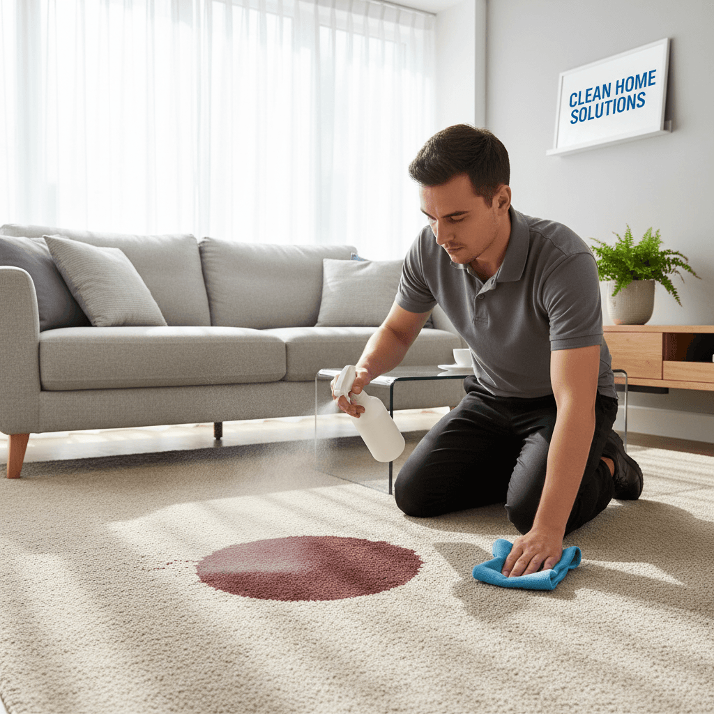 Professional cleaner spraying a carpet stain in a bright living room