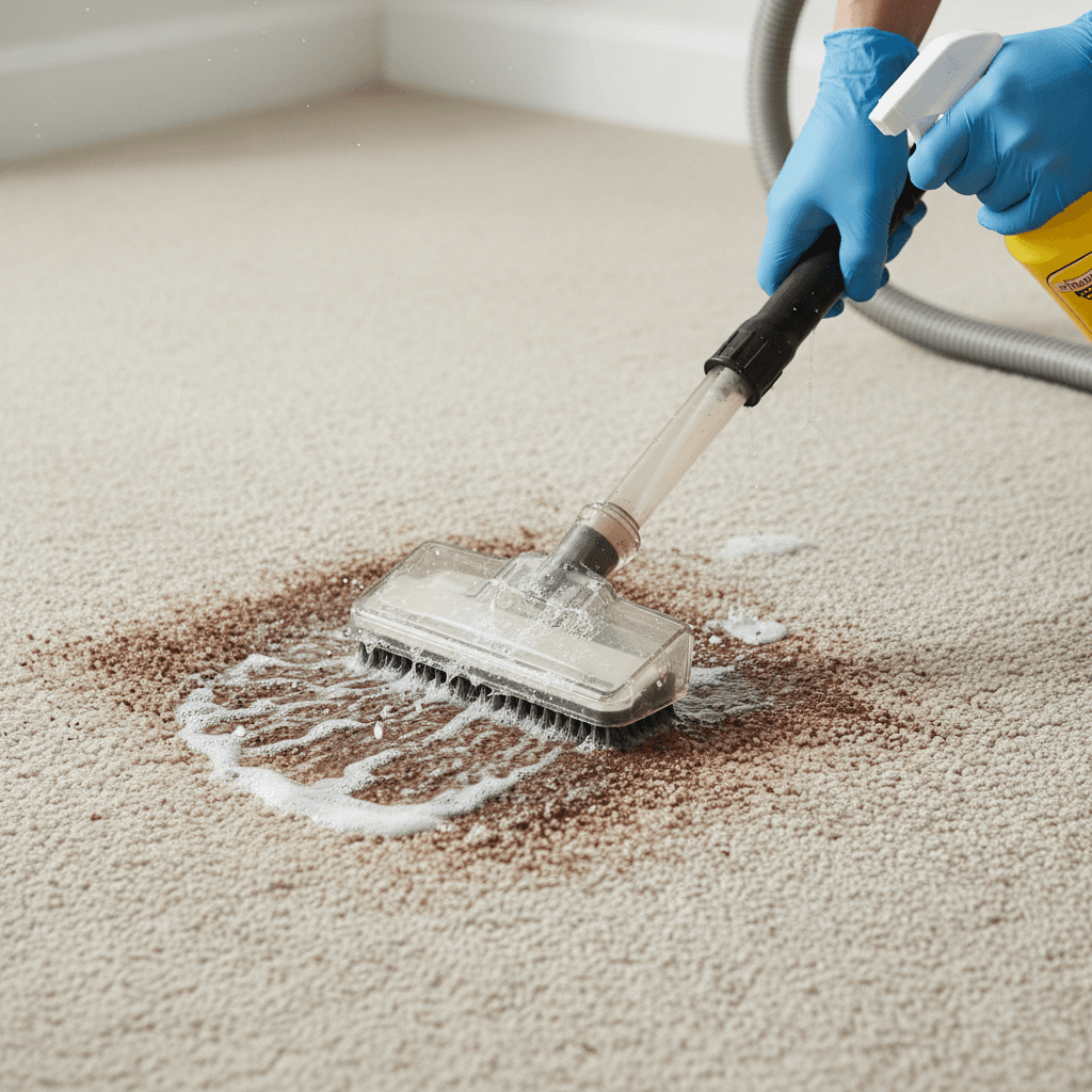 Close-up of technician removing a dark stain from carpet