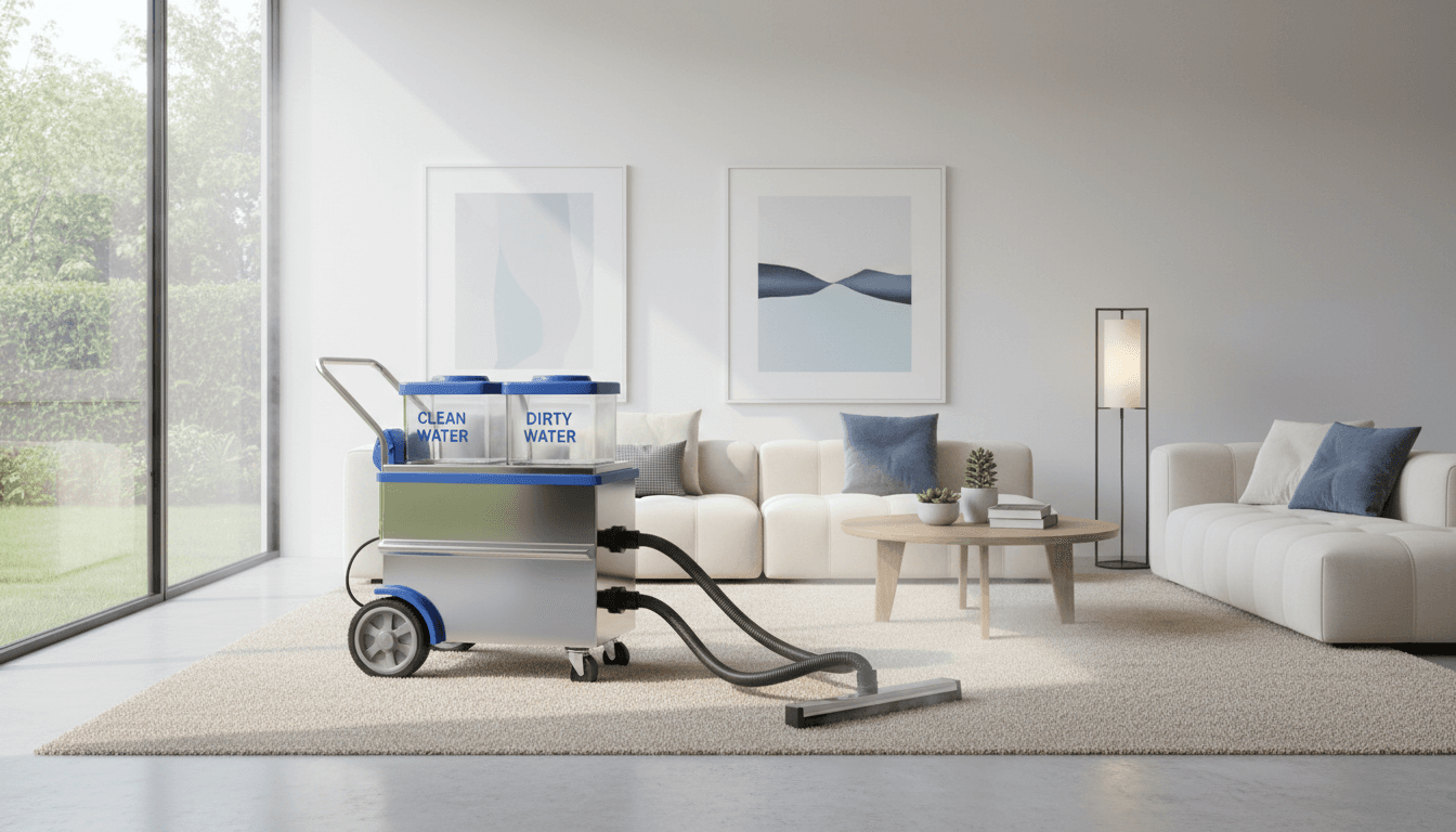 Professional carpet steam cleaning machine in bright modern living room with soft natural light