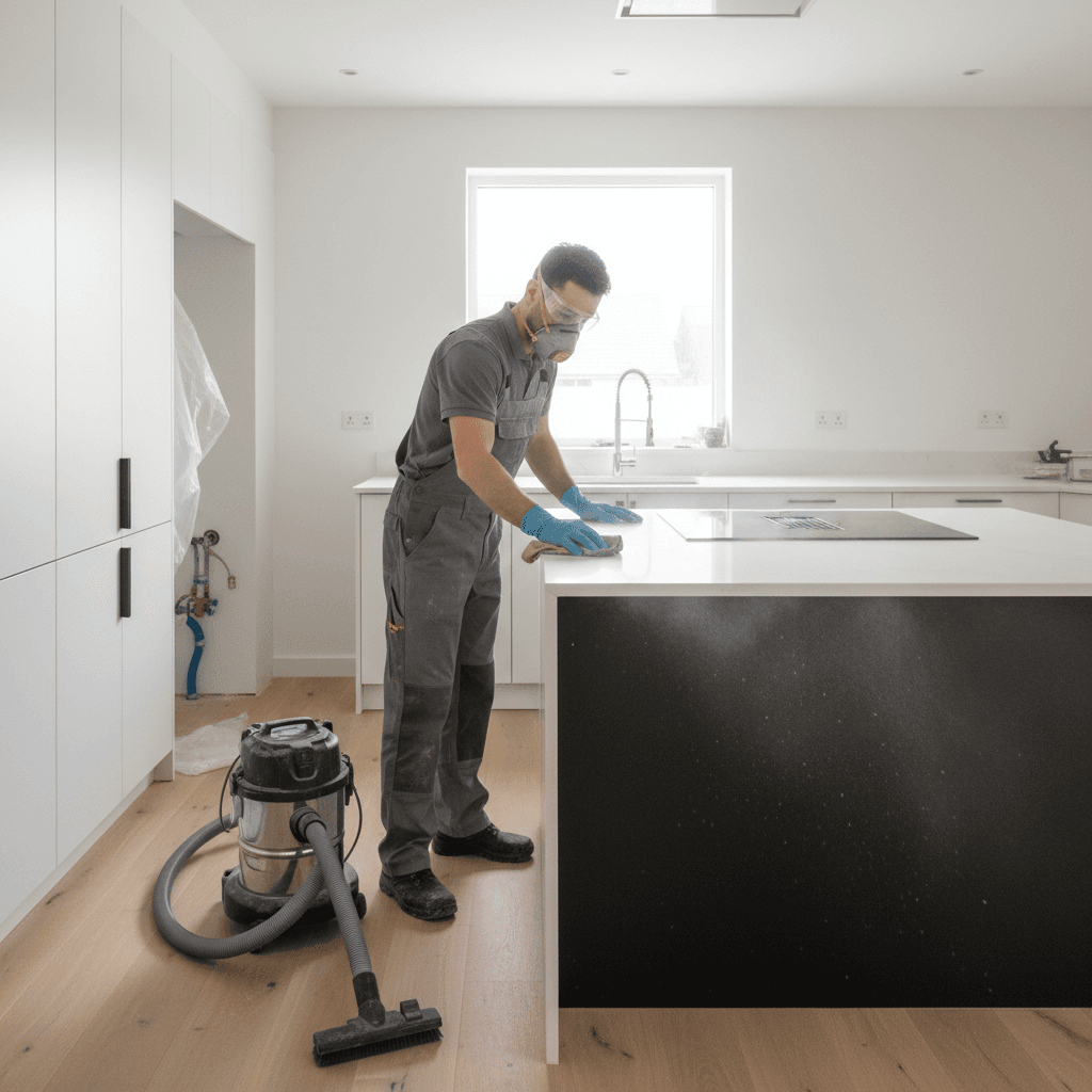 Cleaner wiping dust from grey kitchen cabinets after renovation work