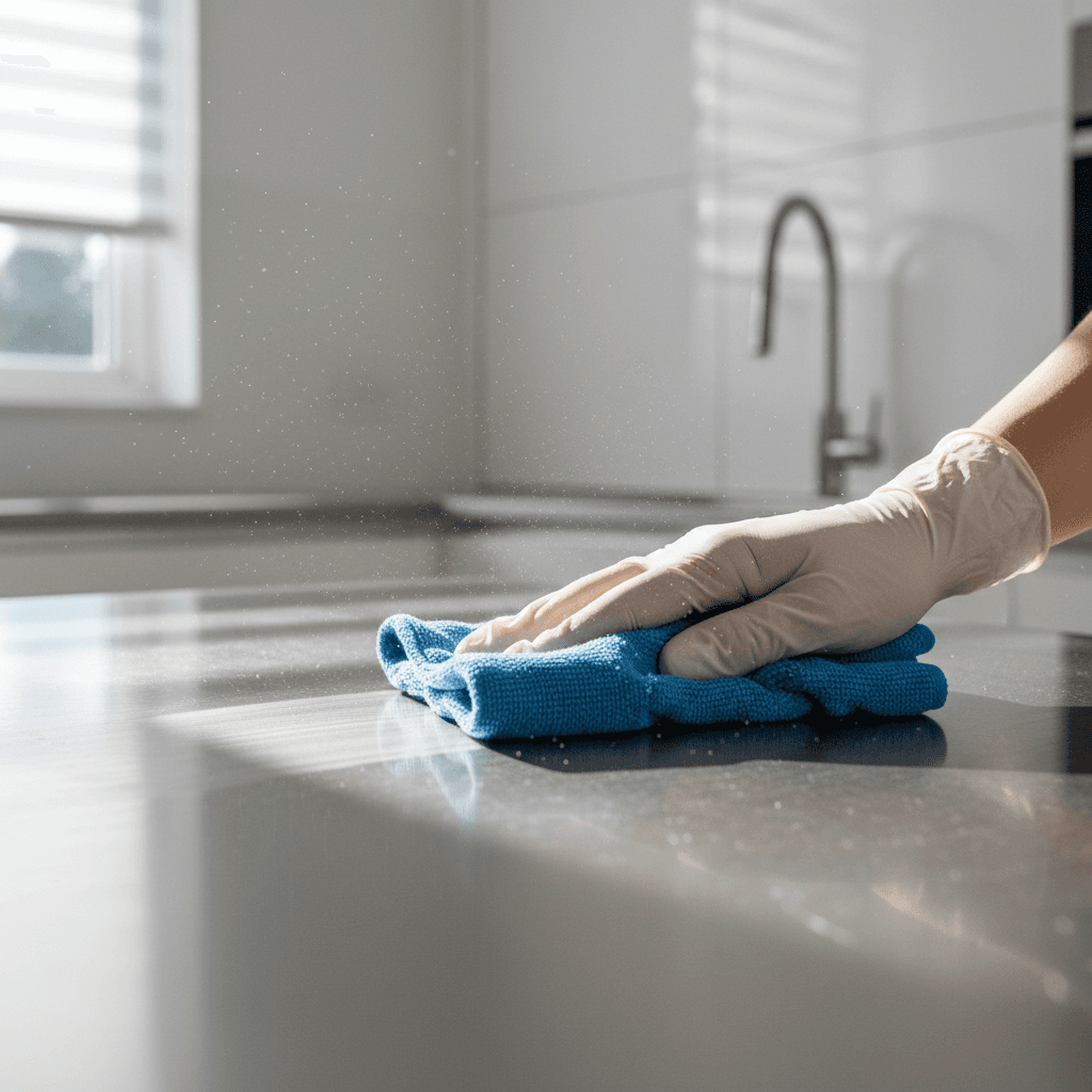 Professional cleaner wiping a modern kitchen countertop