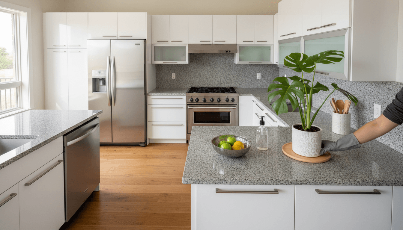 Modern kitchen with grey cabinets and white countertop after professional cleaning
