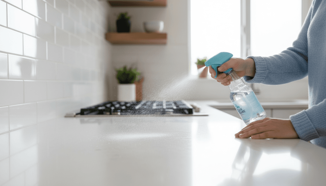 Professional cleaner wiping a modern kitchen countertop