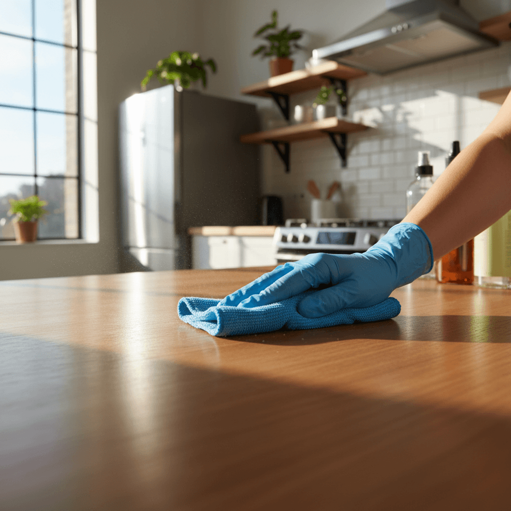 Professional cleaner wiping a kitchen counter with a cloth in a bright modern Perth home