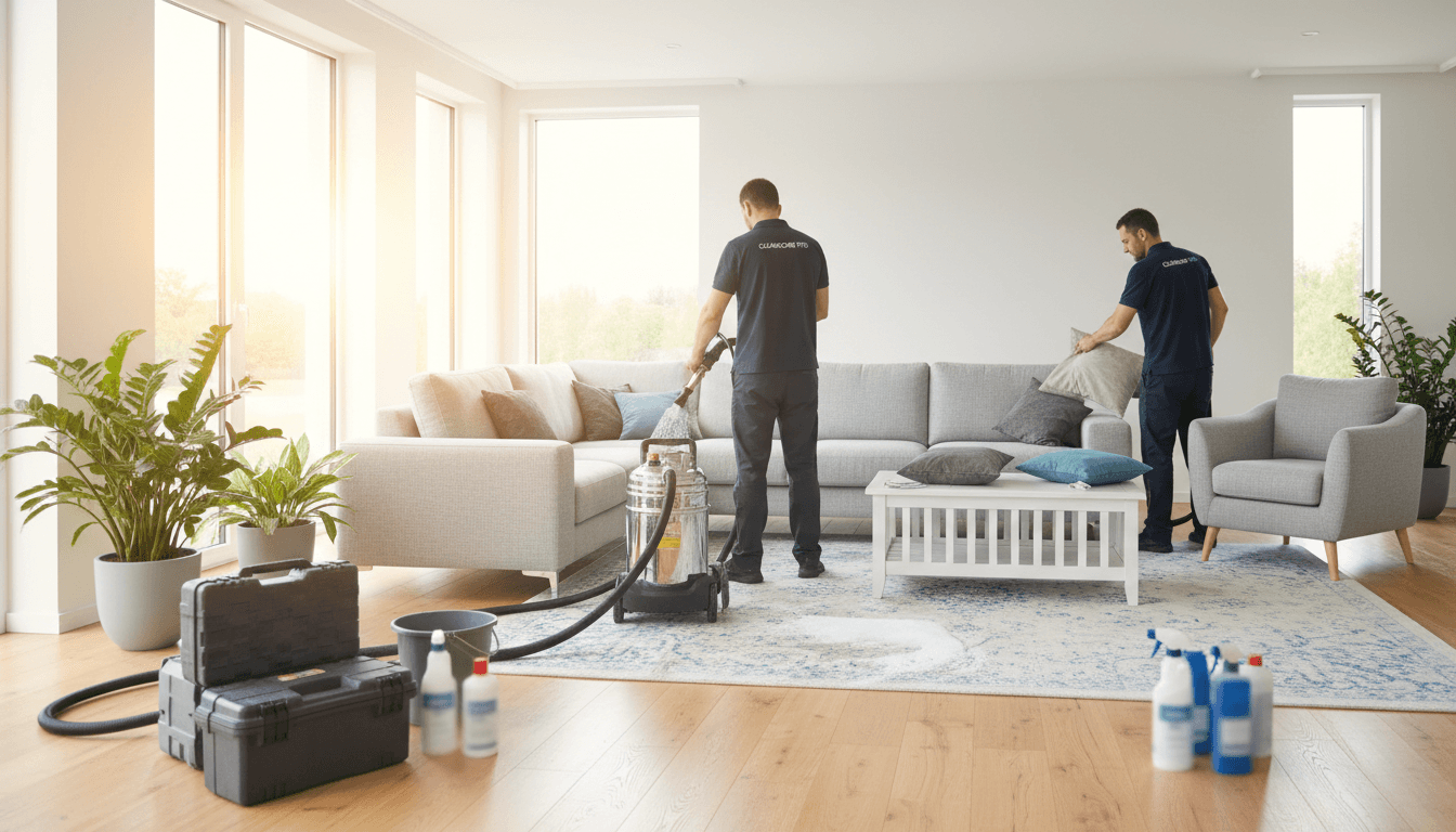 Professional cleaning team working on upholstered furniture and area rug in bright residential living room with specialized equipment
